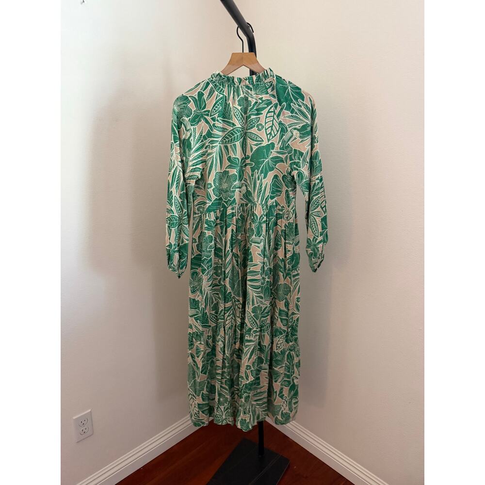 $160 New O.P.T green & tan linen blend dress floral sz Small midi long sleeve - Picture 5 of 5